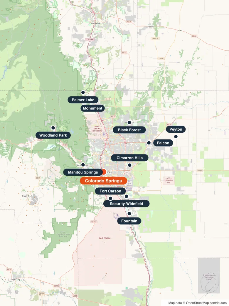 Map of the Colorado Springs area with pins on Colorado Springs and 11 nearby service communities